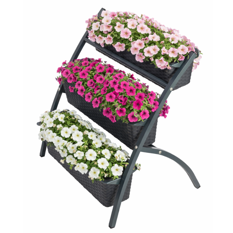 Komplet 3 sztuki doniczek balkonowych Rattanowych + stojak 60cm antracyt